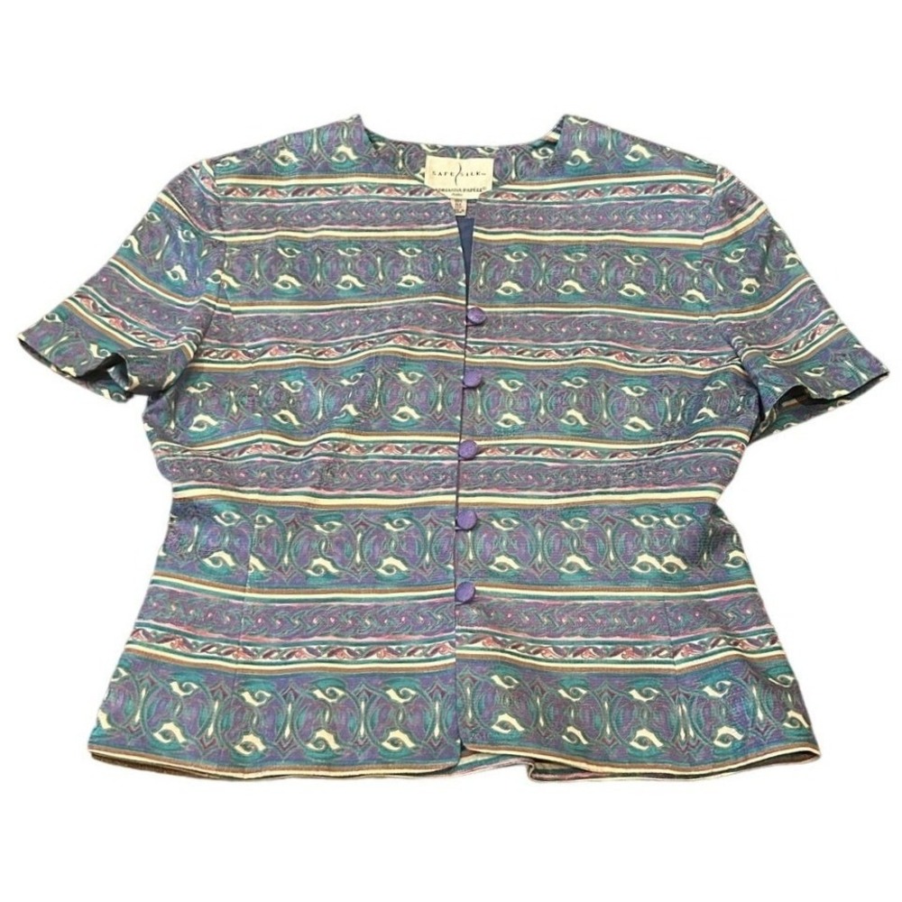 Adrianna Papell Blouse 12P Purple 100% Silk Short Sleeve Geometric Silkcore Art